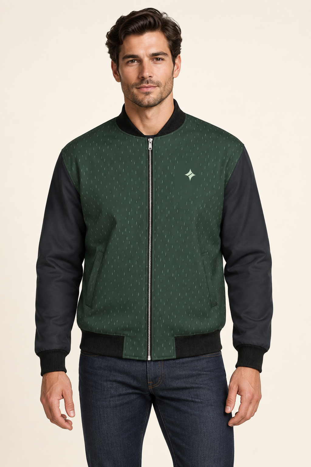 Forest Charcoal Rhythm satin bomber jacket — front on-model styling illustration