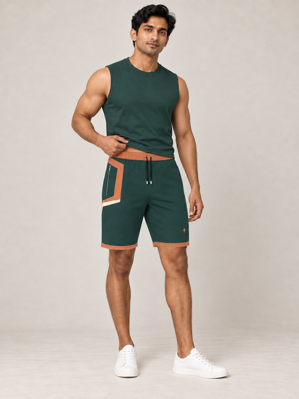 AI-generated styling illustration: adult male wearing UNIKCOSA Forest Clay Frame shorts with a coordinated fitted sleeveless top, gently lifting its hem to show the waistband.