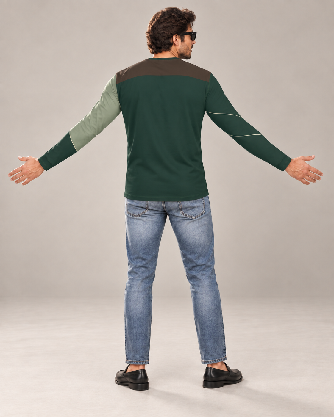 Forest Espresso Luxury Bounce Cotton Long Sleeve T-Shirt by UNIKCOSA, back view with arms spread wide in a plain indoor studio — AI styling visual