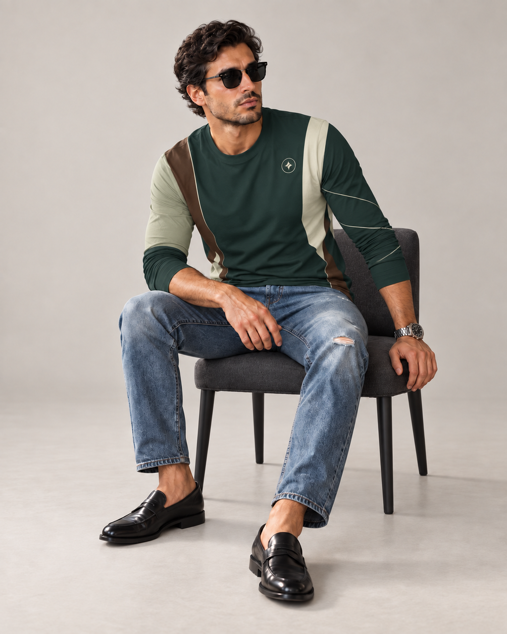 Forest Espresso Luxury Bounce Cotton Long Sleeve T-Shirt by UNIKCOSA, seated with sleeves styled on a plain stone-grey background — AI styling visual