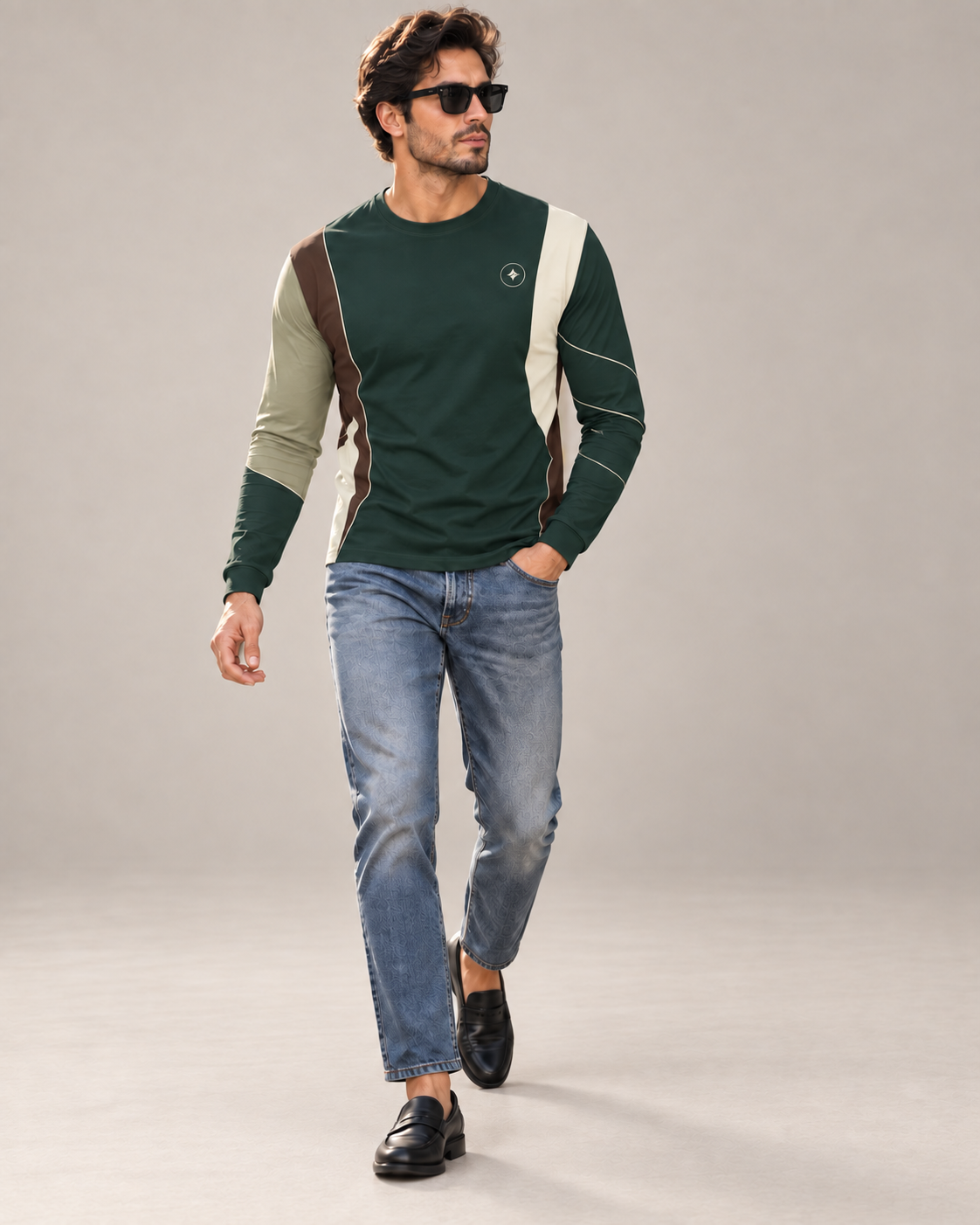 Forest Espresso Luxury Bounce Cotton Long Sleeve T-Shirt by UNIKCOSA, walking in a plain indoor studio with straight jeans and black loafers — AI styling visual