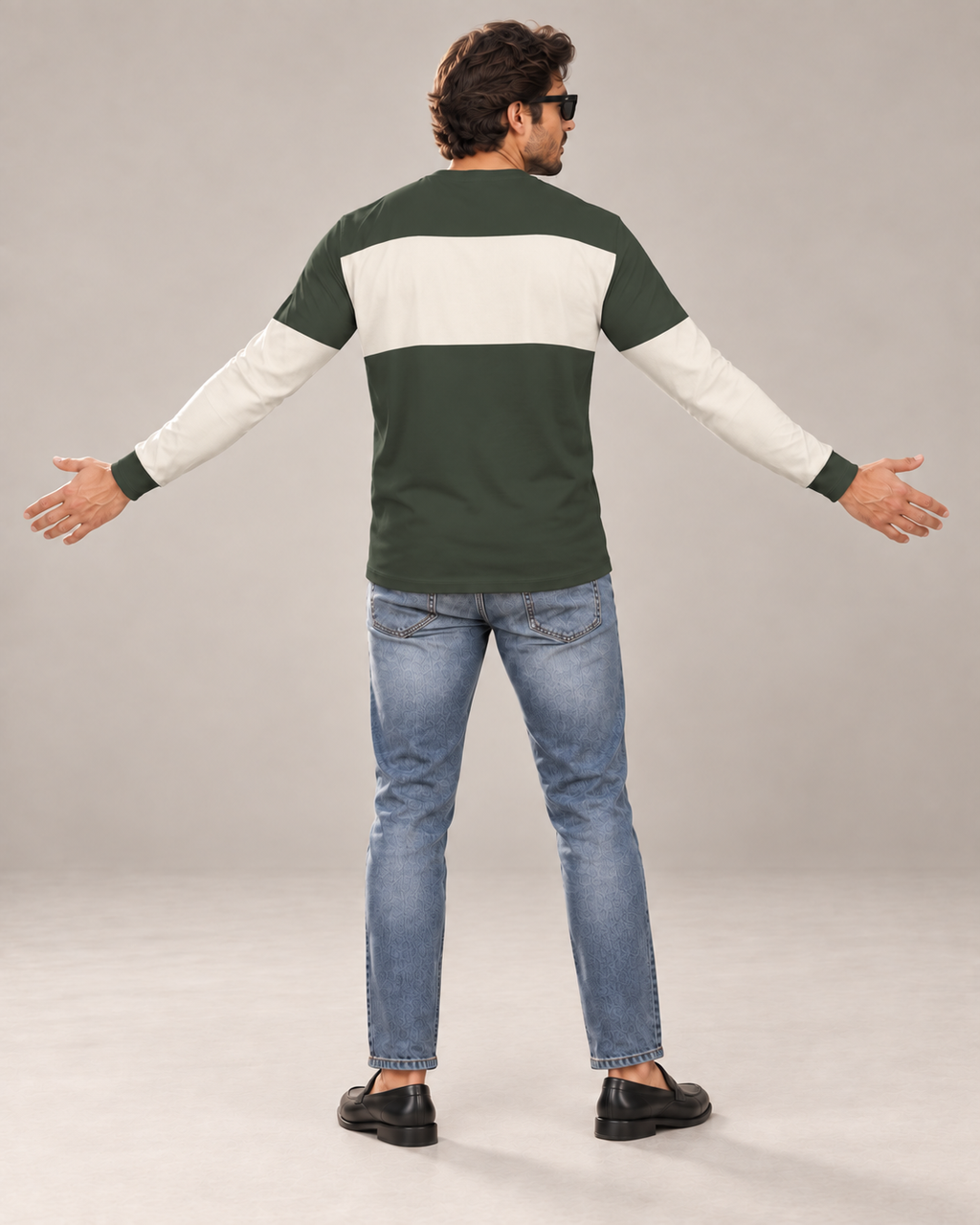 Forest Guard Luxury Bounce Cotton Long Sleeve T-Shirt by UNIKCOSA, back view with arms spread wide in a plain indoor studio — AI styling visual