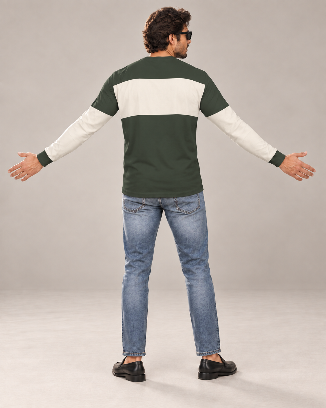Forest Guard Luxury Bounce Cotton Long Sleeve T-Shirt by UNIKCOSA, back view with arms spread wide in a plain indoor studio — AI styling visual