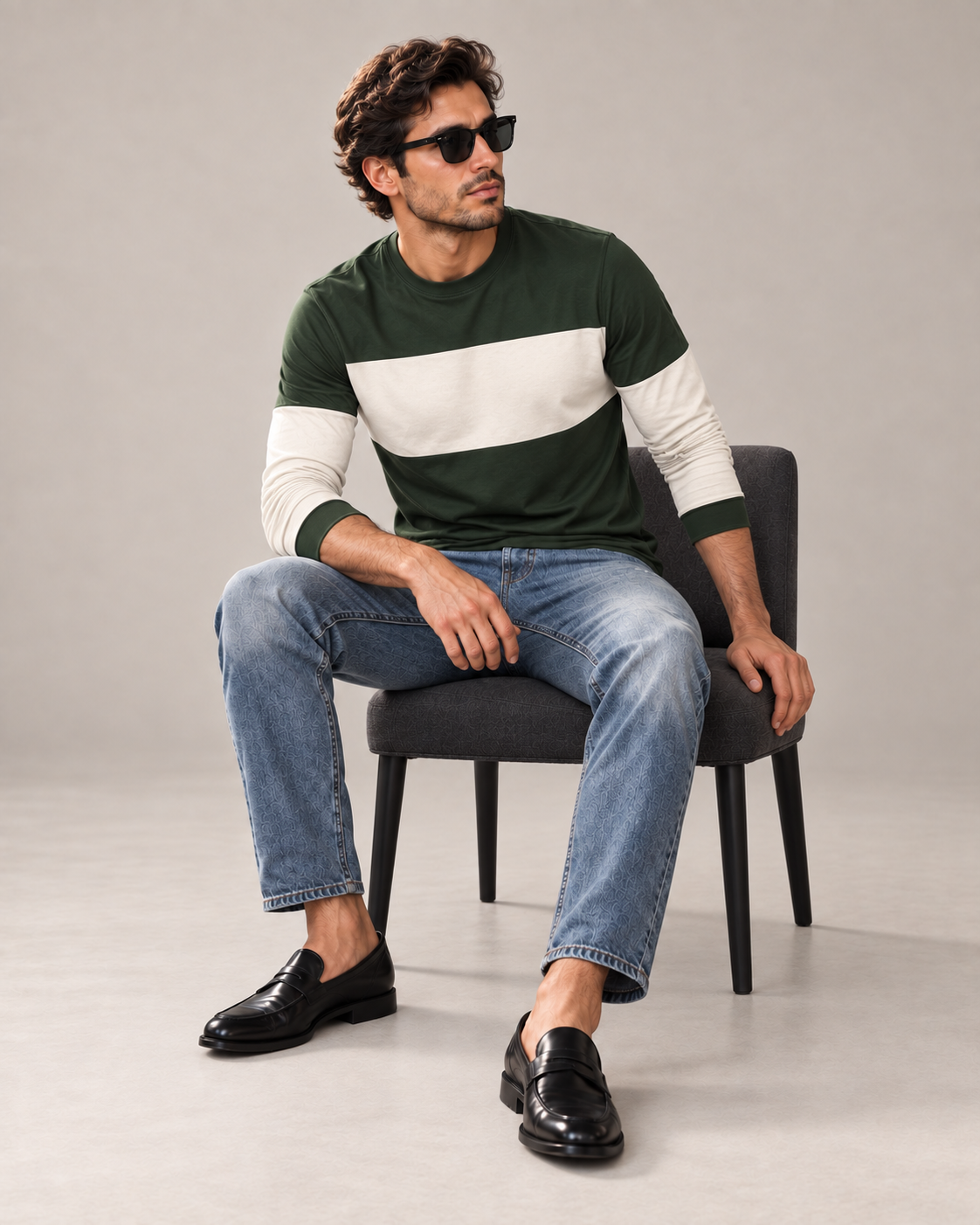 Forest Guard Luxury Bounce Cotton Long Sleeve T-Shirt by UNIKCOSA, seated with sleeves styled on a plain stone-grey background — AI styling visual