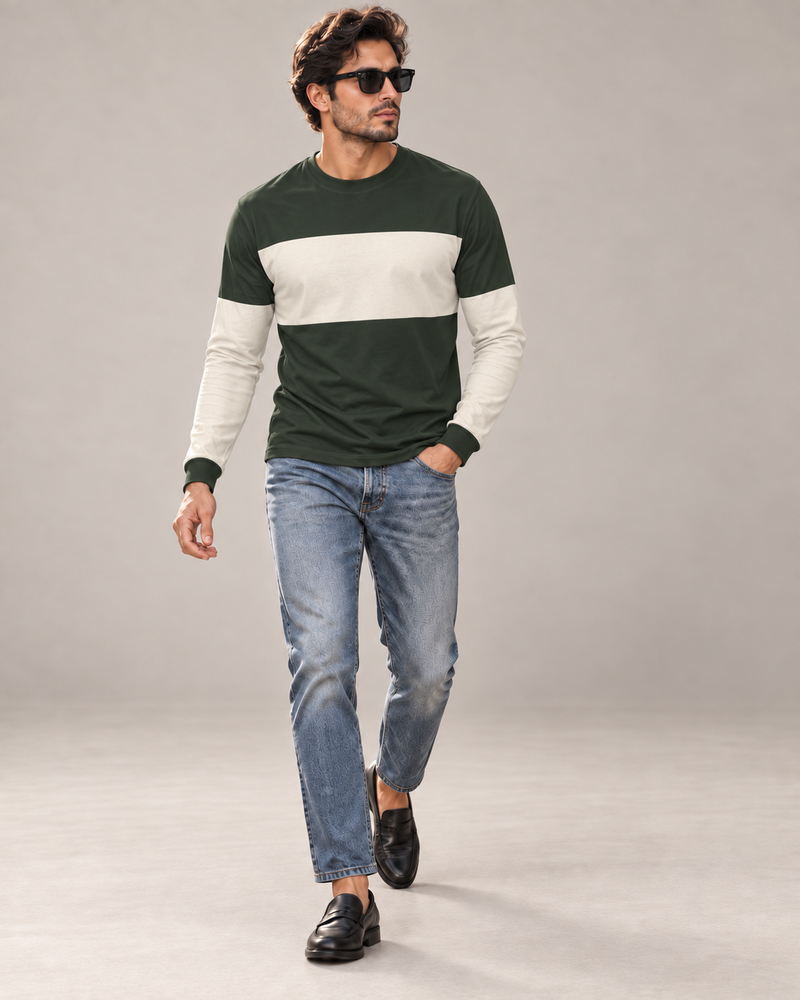 Forest Guard Luxury Bounce Cotton Long Sleeve T-Shirt by UNIKCOSA, walking in a plain indoor studio with straight jeans and black loafers — AI styling visual