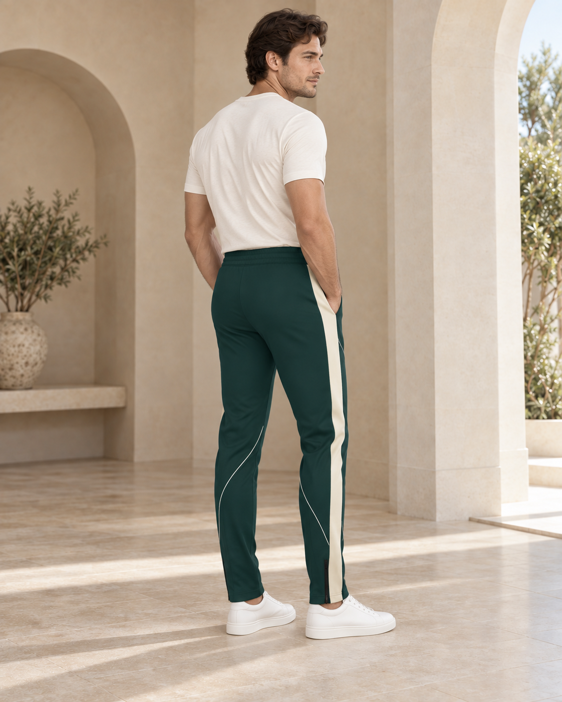 Forest Teal Luxury Rox Jersey Track Pants by UNIKCOSA — rear three-quarter model styling view