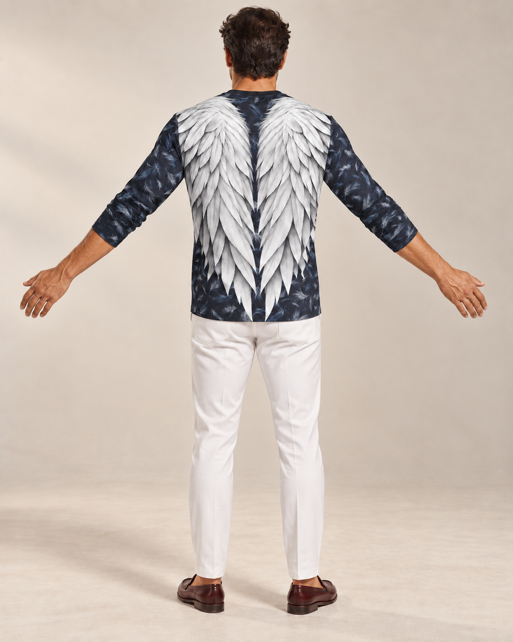 Frost Eagle Luxury Long Sleeve T-Shirt by UNIKCOSA, rear with arms extended view with white tailored trousers and cherry-brown loafers — AI-generated model illustration