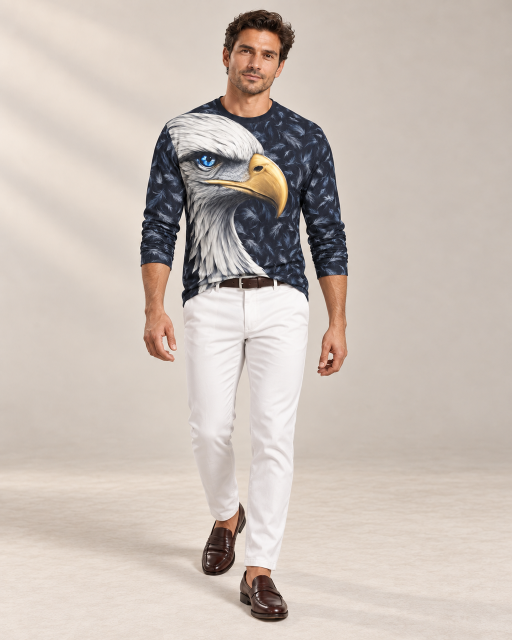 Frost Eagle Luxury Long Sleeve T-Shirt by UNIKCOSA, front walking view with white tailored trousers and cherry-brown loafers — AI-generated model illustration