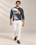 Frost Eagle Luxury Long Sleeve T-Shirt by UNIKCOSA, front walking view with white tailored trousers and cherry-brown loafers — AI-generated model illustration