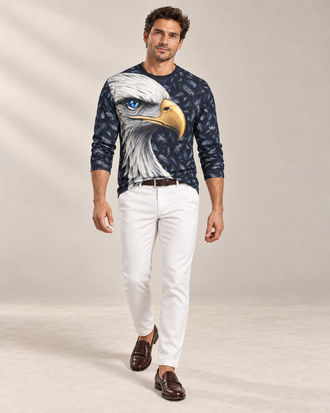 Frost Eagle Luxury Long Sleeve T-Shirt by UNIKCOSA, front walking view with white tailored trousers and cherry-brown loafers — AI-generated model illustration