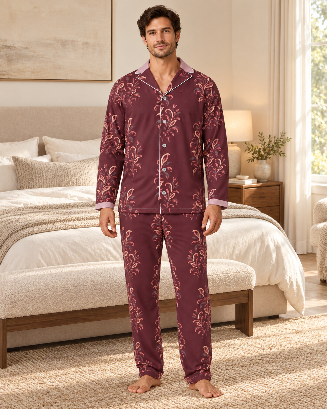 Adult model wearing the Garnet Scroll Luxury Pajama Set in a bright bedroom — AI styling illustration