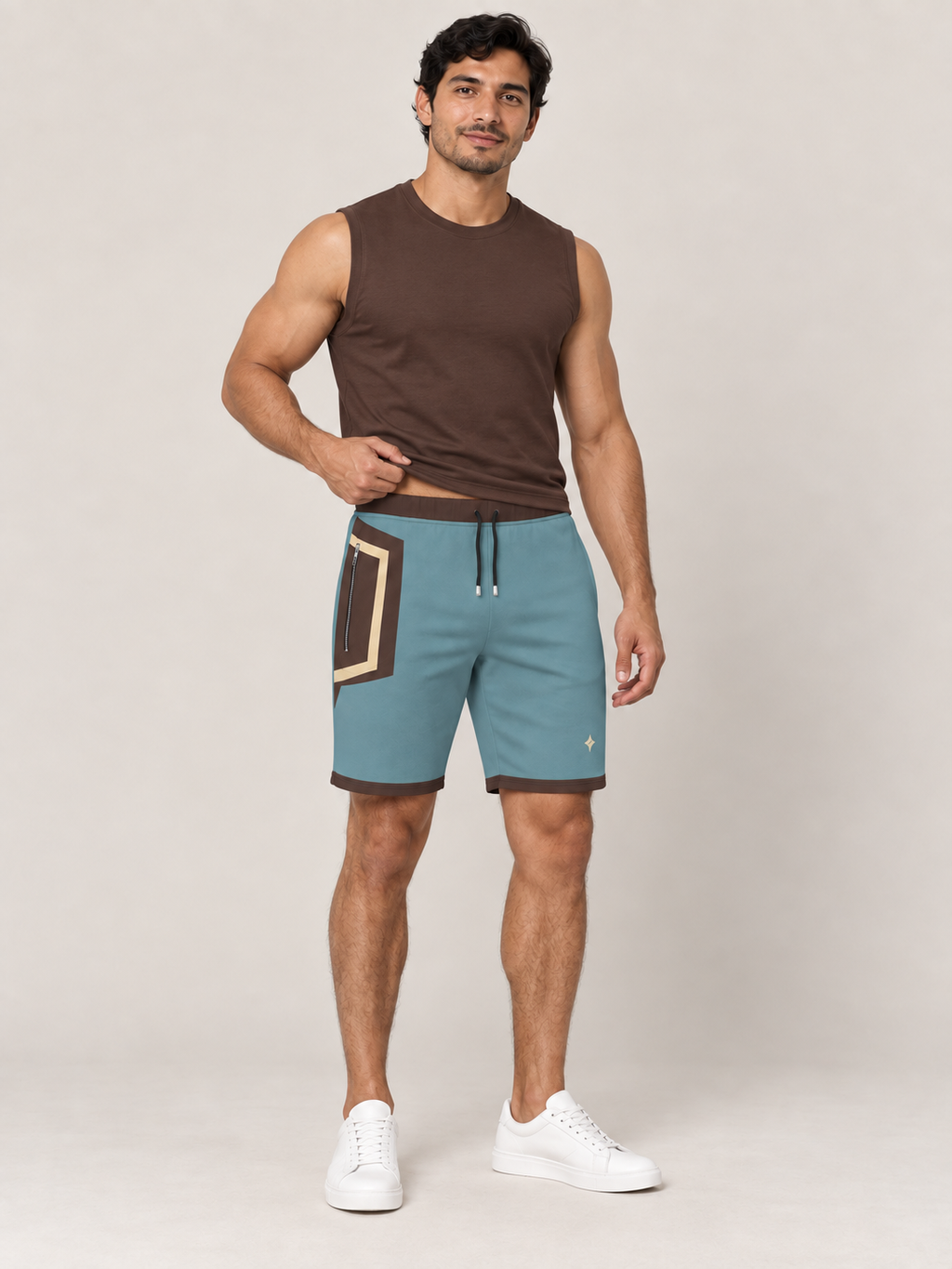 AI-generated styling illustration: adult male wearing UNIKCOSA Glacier Cocoa Frame shorts with a coordinated fitted sleeveless top, gently lifting its hem to show the waistband.