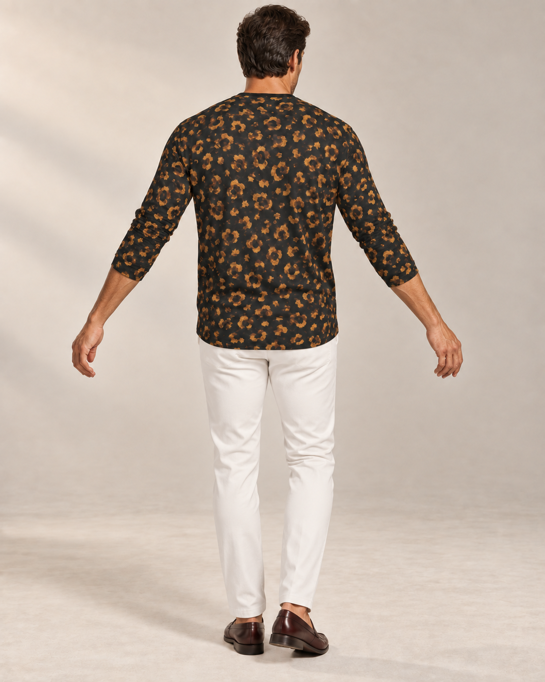 Golden Leopard Luxury Long Sleeve T-Shirt by UNIKCOSA, rear with arms extended view with white tailored trousers and cherry-brown loafers — AI-generated model illustration