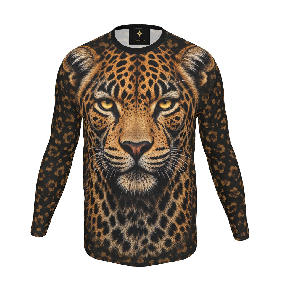 Golden Leopard Luxury Long Sleeve T-Shirt by UNIKCOSA, final garment front three-quarter view