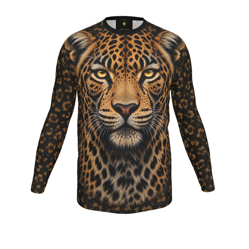 Golden Leopard Luxury Long Sleeve T-Shirt by UNIKCOSA, final garment front view