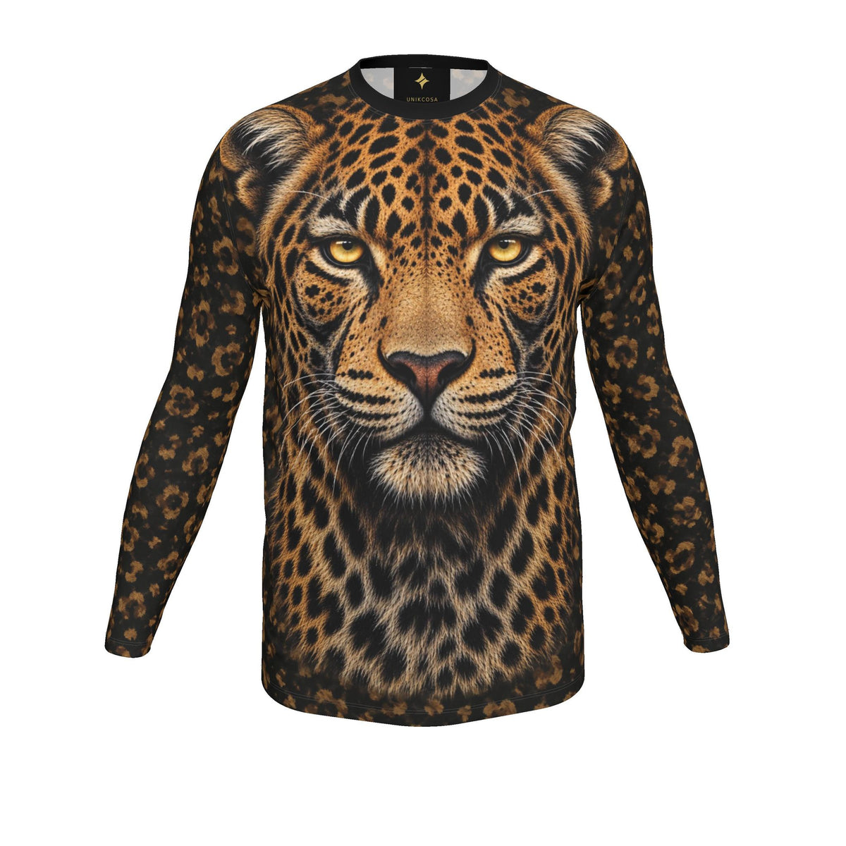 Golden Leopard Luxury Long Sleeve T-Shirt by UNIKCOSA, final garment front view