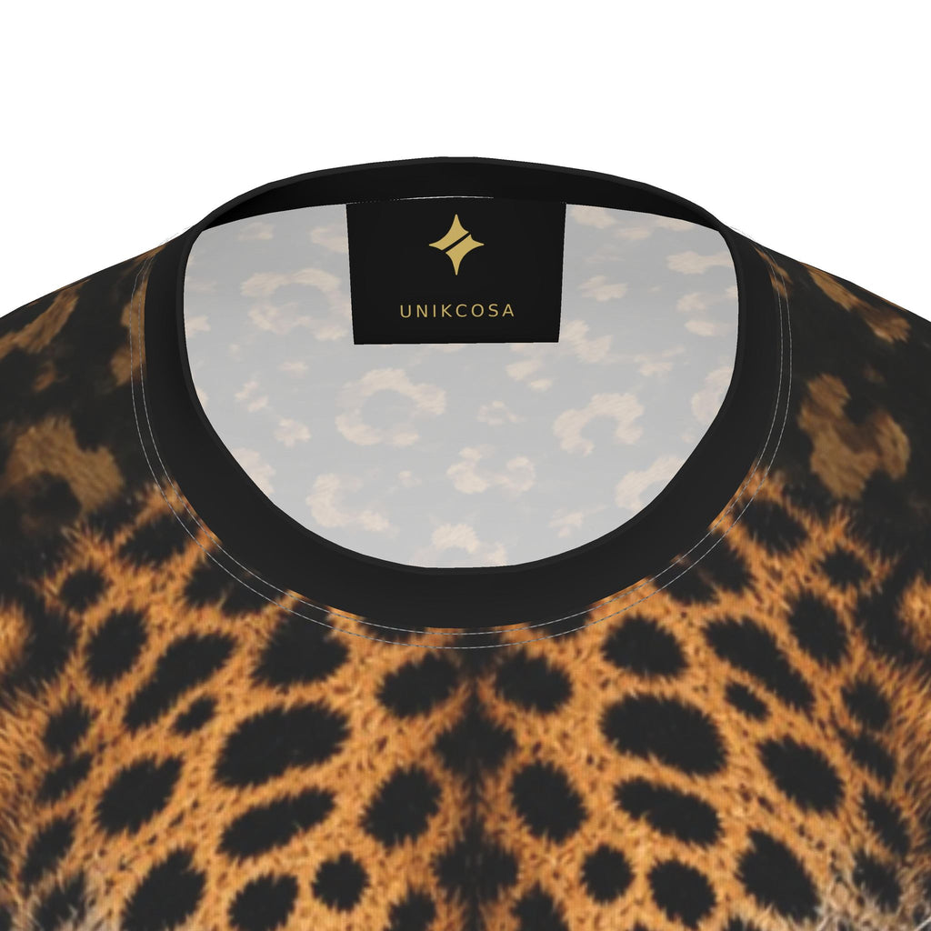 Golden Leopard Luxury Long Sleeve T-Shirt by UNIKCOSA, final garment neckline close-up view