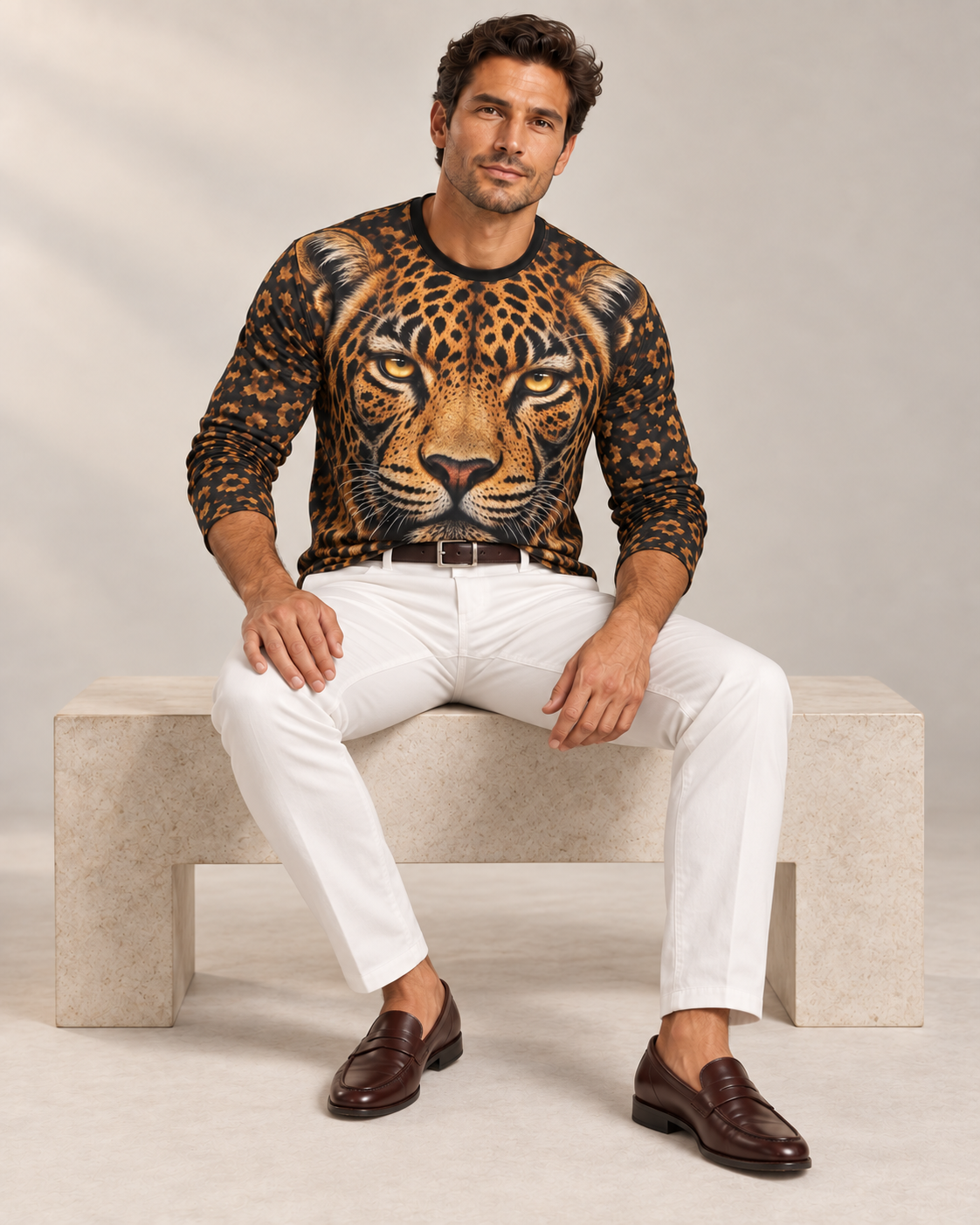 Golden Leopard Luxury Long Sleeve T-Shirt by UNIKCOSA, seated view with white tailored trousers and cherry-brown loafers — AI-generated model illustration