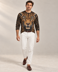 Golden Leopard Luxury Long Sleeve T-Shirt by UNIKCOSA, front walking view with white tailored trousers and cherry-brown loafers — AI-generated model illustration
