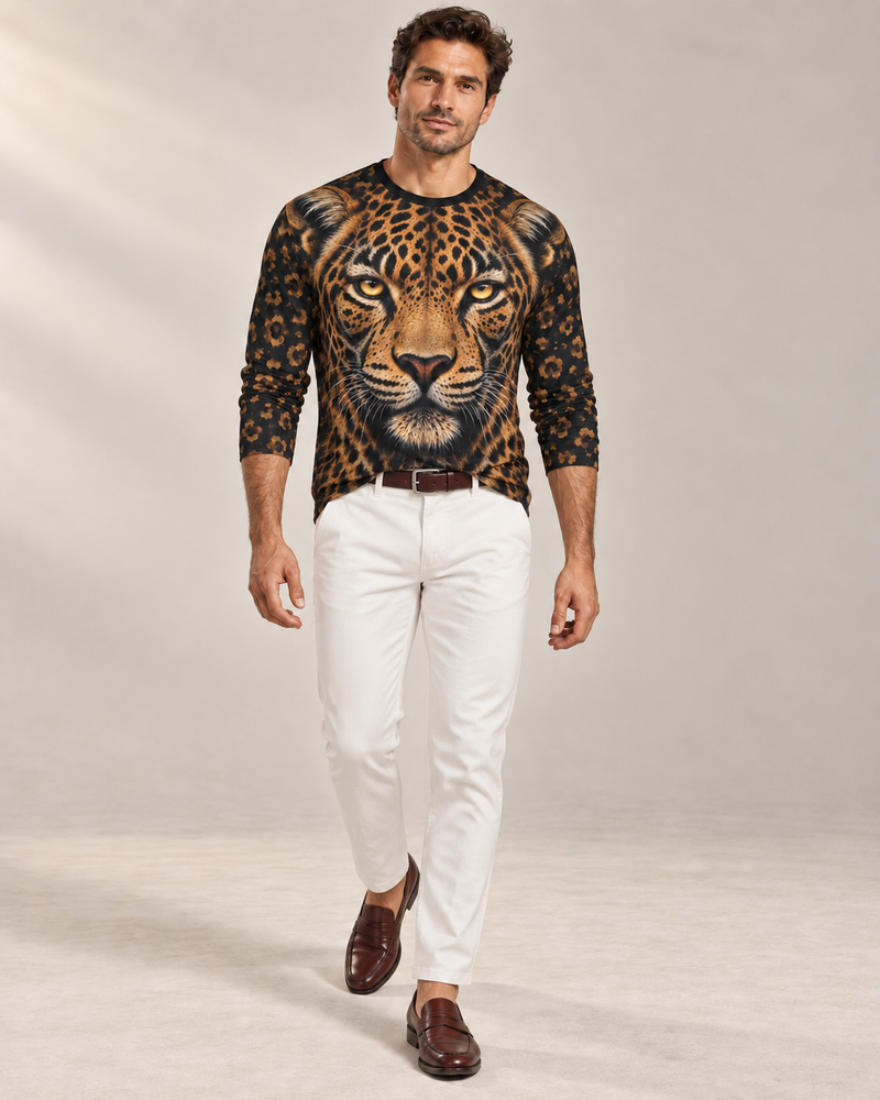 Golden Leopard Luxury Long Sleeve T-Shirt by UNIKCOSA, front walking view with white tailored trousers and cherry-brown loafers — AI-generated model illustration