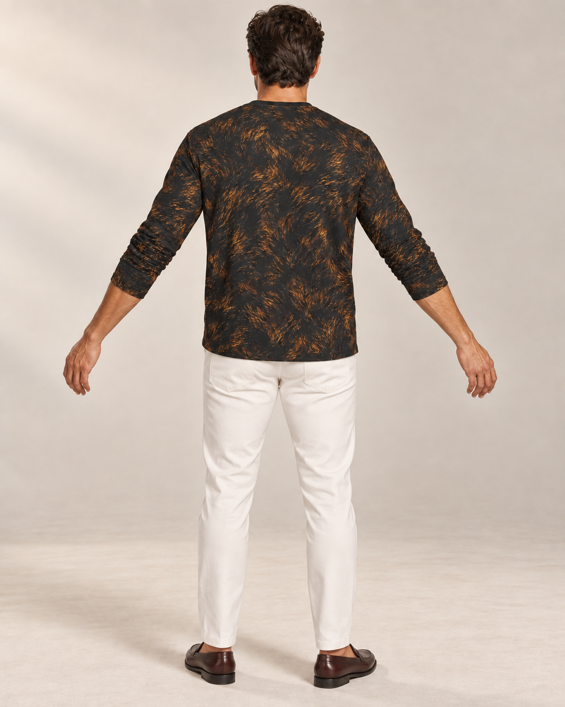 Golden Panther Linework Luxury Long Sleeve T-Shirt by UNIKCOSA, rear with arms extended view with white tailored trousers and cherry-brown loafers — AI-generated model illustration