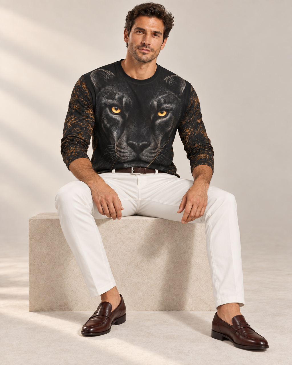 Golden Panther Linework Luxury Long Sleeve T-Shirt by UNIKCOSA, seated view with white tailored trousers and cherry-brown loafers — AI-generated model illustration