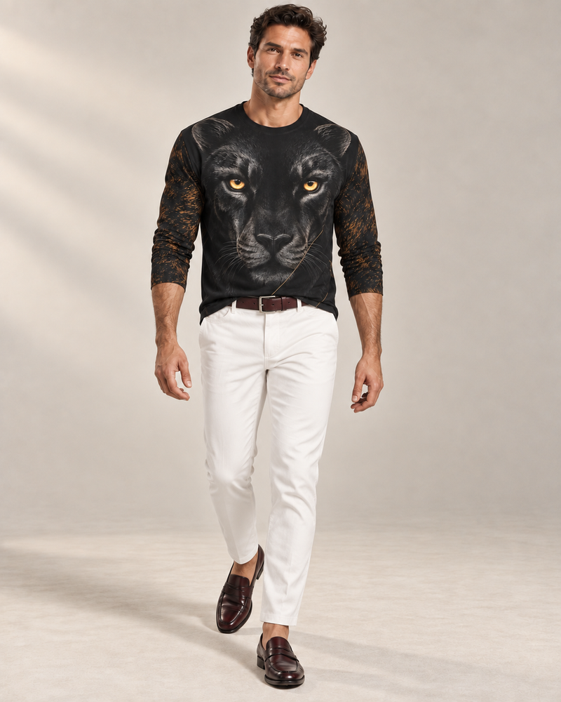 Golden Panther Linework Luxury Long Sleeve T-Shirt by UNIKCOSA, front walking view with white tailored trousers and cherry-brown loafers — AI-generated model illustration