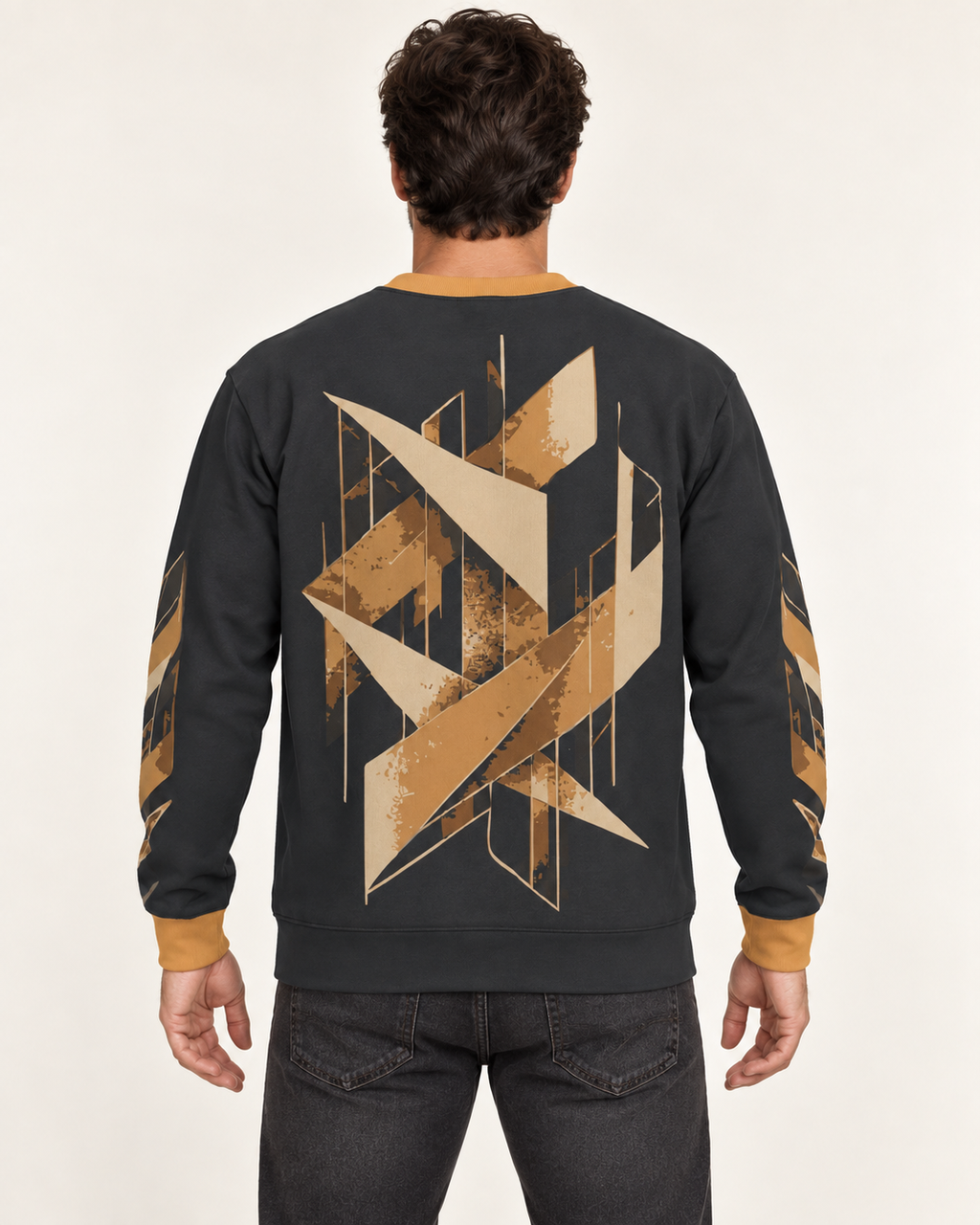 Graphite Burnished Amber men's sweatshirt back view. AI-generated digital styling illustration.
