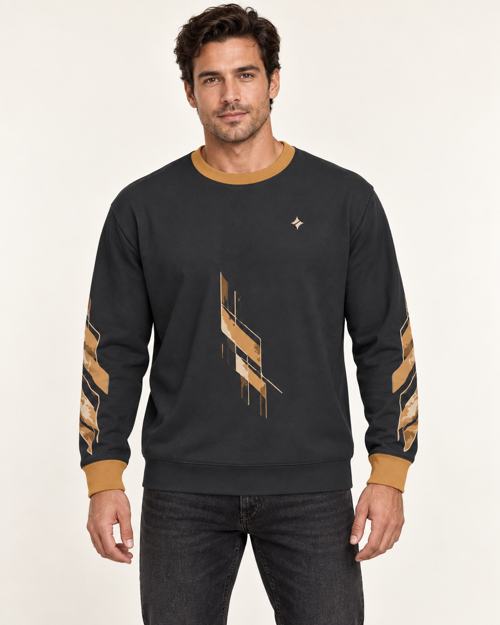 Graphite Burnished Amber men's sweatshirt front view. AI-generated digital styling illustration.