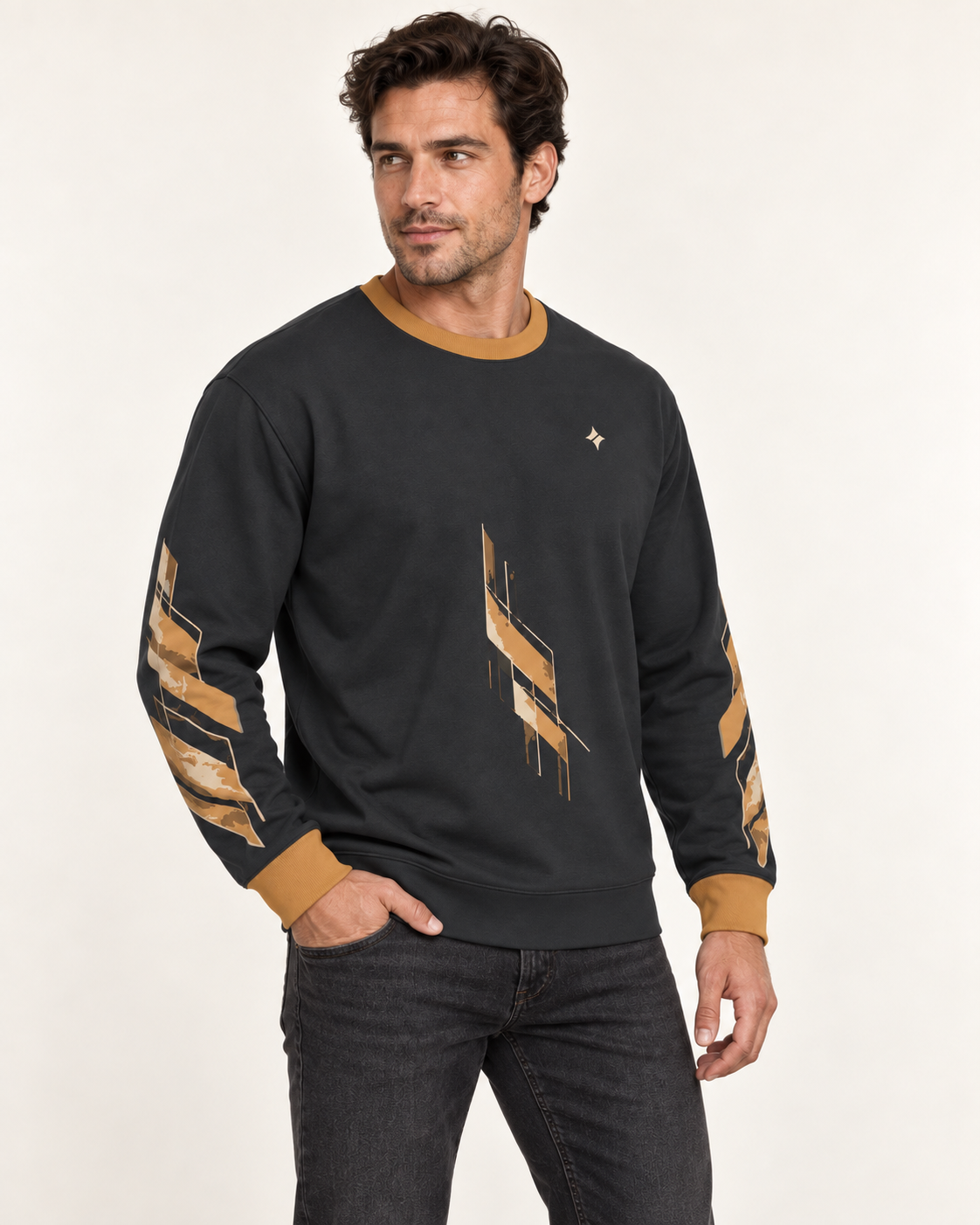 Graphite Burnished Amber men's sweatshirt side view. AI-generated digital styling illustration.
