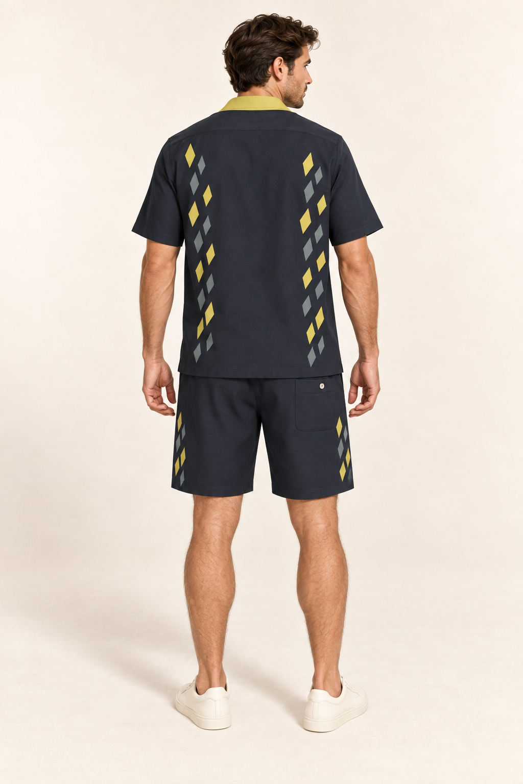 Graphite Citrine cotton satin shirt and shorts set, back model view. AI-generated styling illustration.