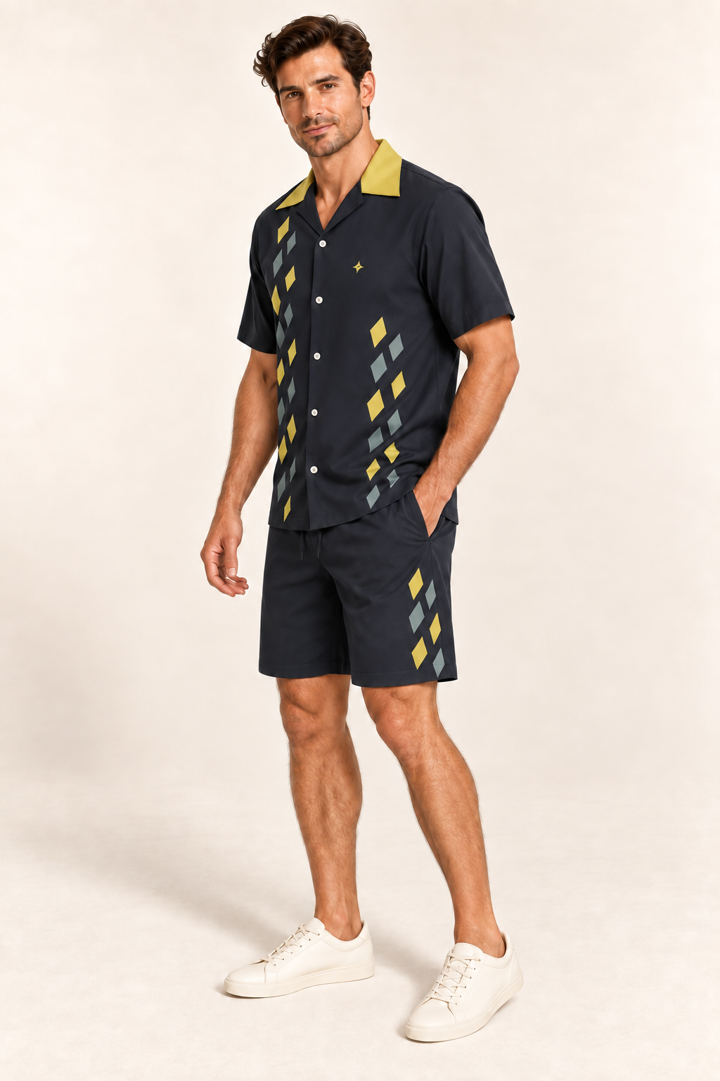Graphite Citrine cotton satin shirt and shorts set, side model view. AI-generated styling illustration.
