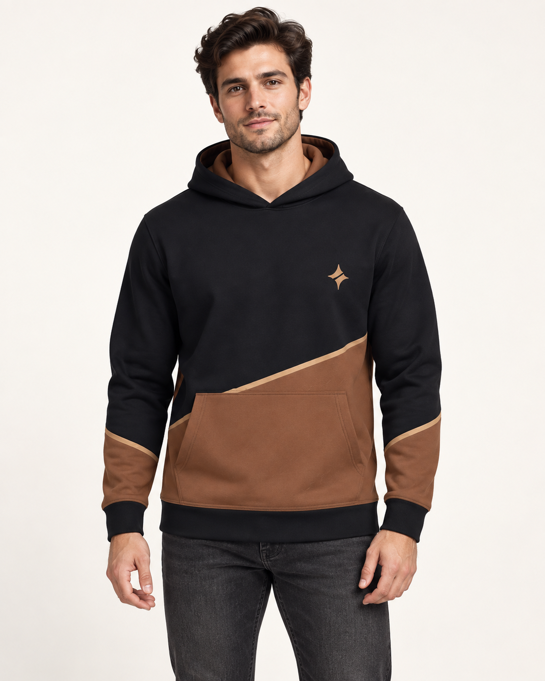 Cognac Obsidian Arc Nero Ponte Hoodie front view — AI-generated styling illustration