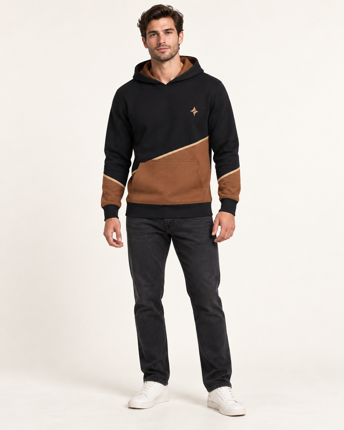 Cognac Obsidian Arc Nero Ponte Hoodie fullbody view — AI-generated styling illustration