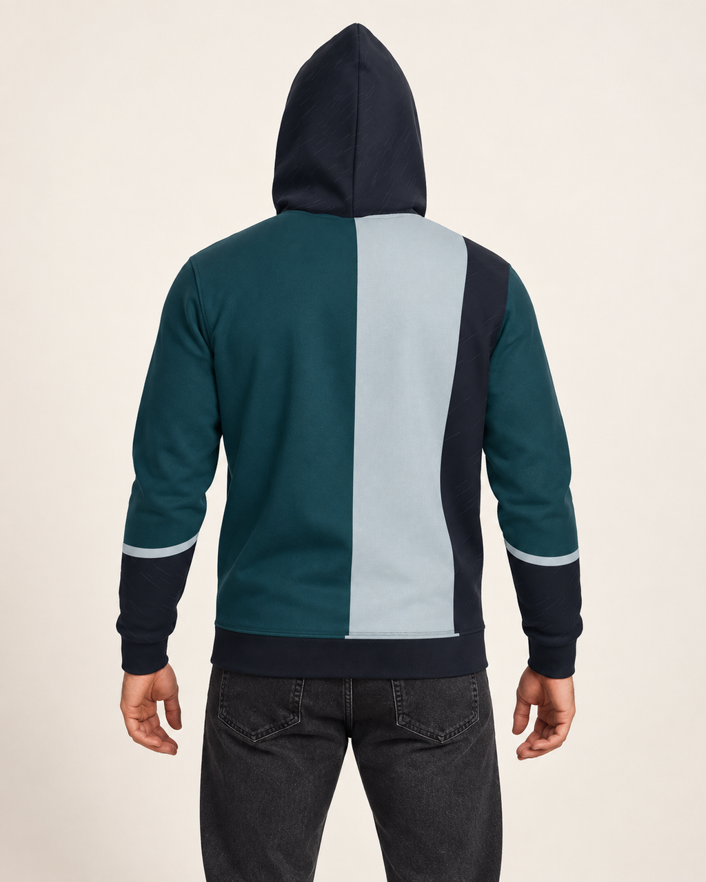 Petrol Silver Oblique Nero Ponte Hoodie back view — AI-generated styling illustration
