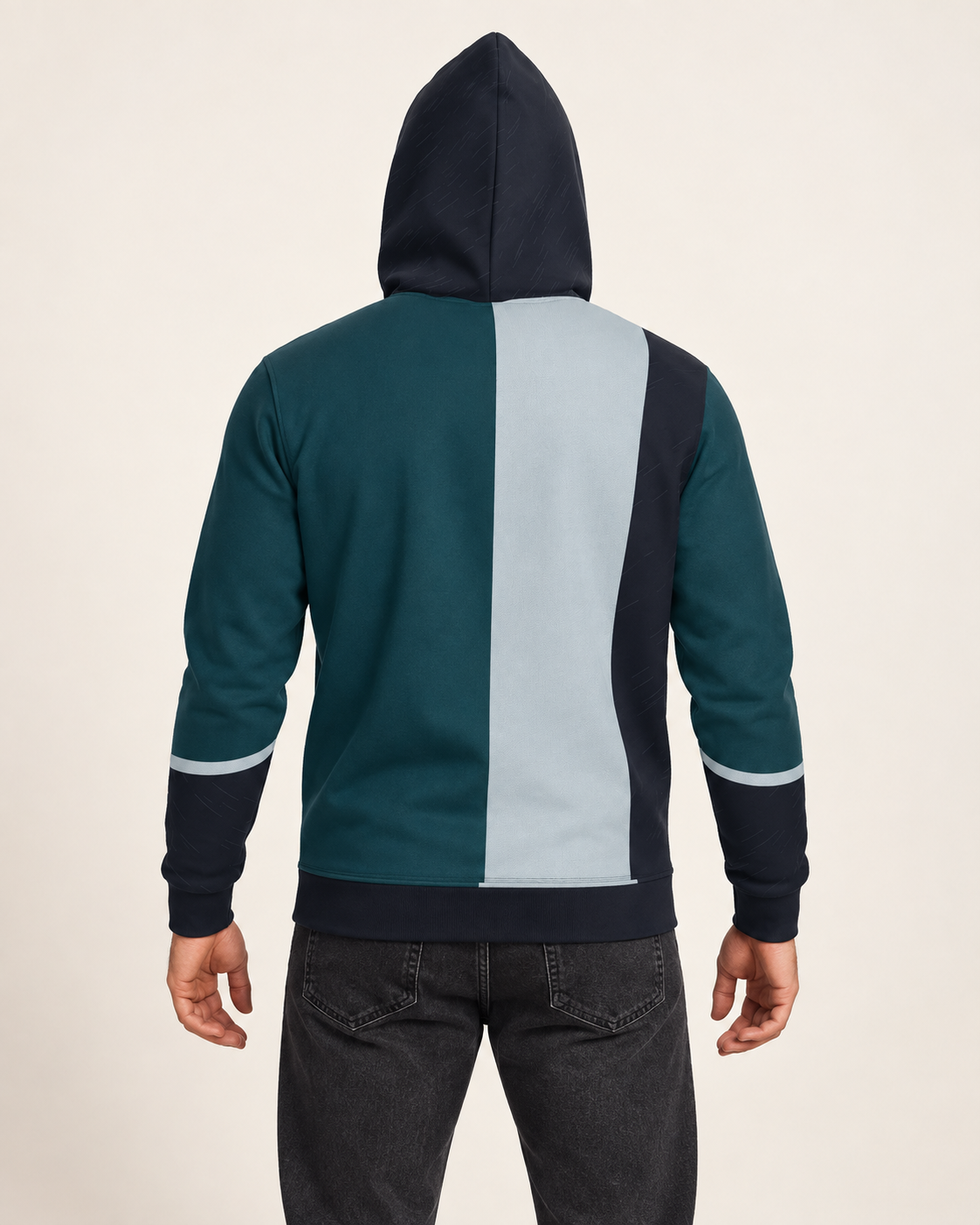 Petrol Silver Oblique Nero Ponte Hoodie back view — AI-generated styling illustration