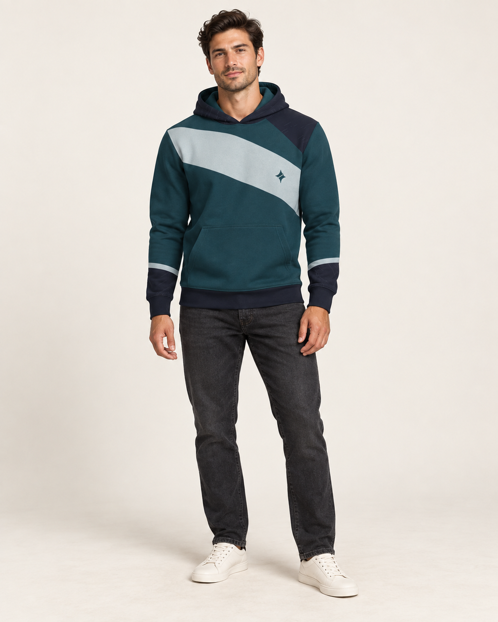 Petrol Silver Oblique Nero Ponte Hoodie fullbody view — AI-generated styling illustration