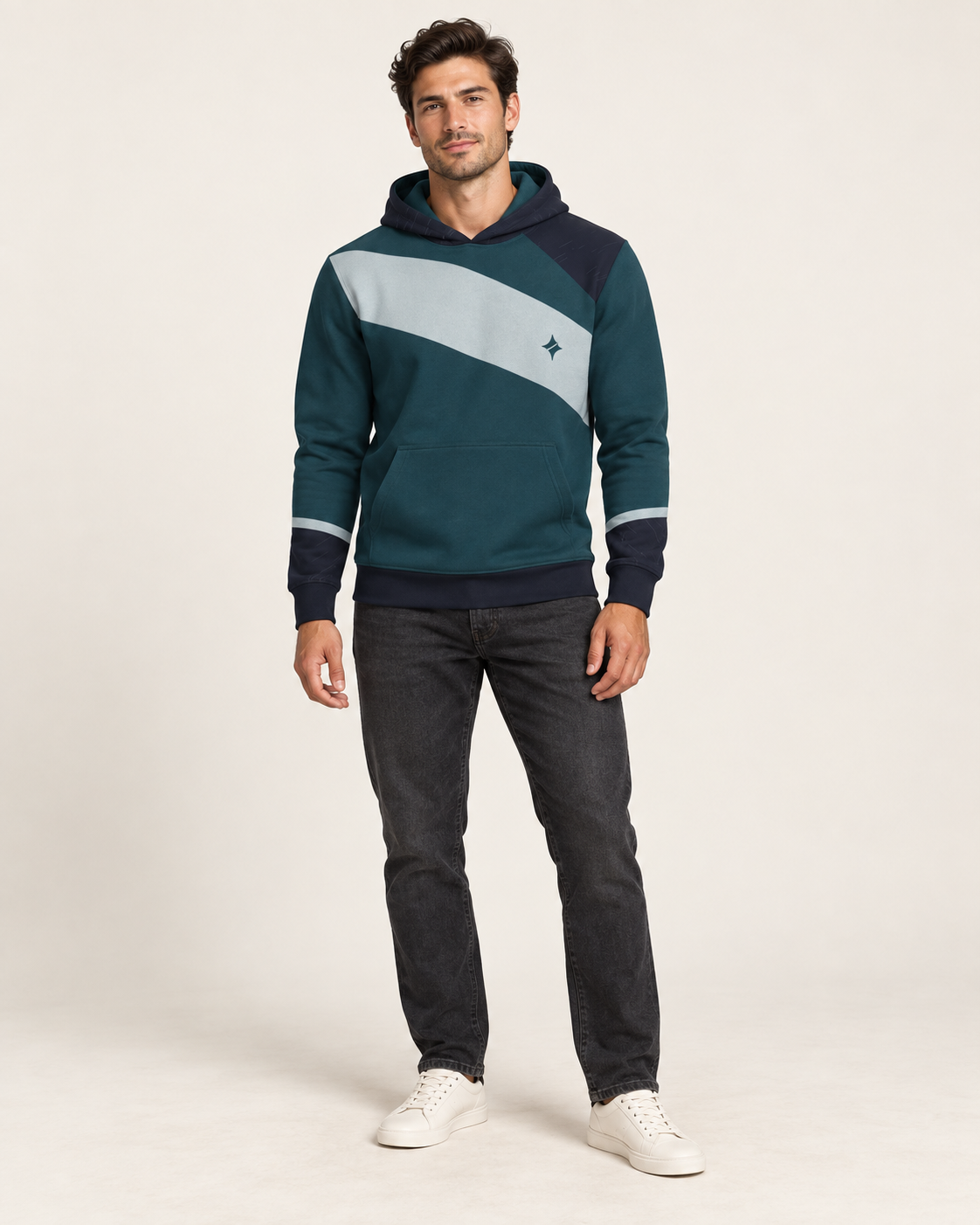 Petrol Silver Oblique Nero Ponte Hoodie fullbody view — AI-generated styling illustration