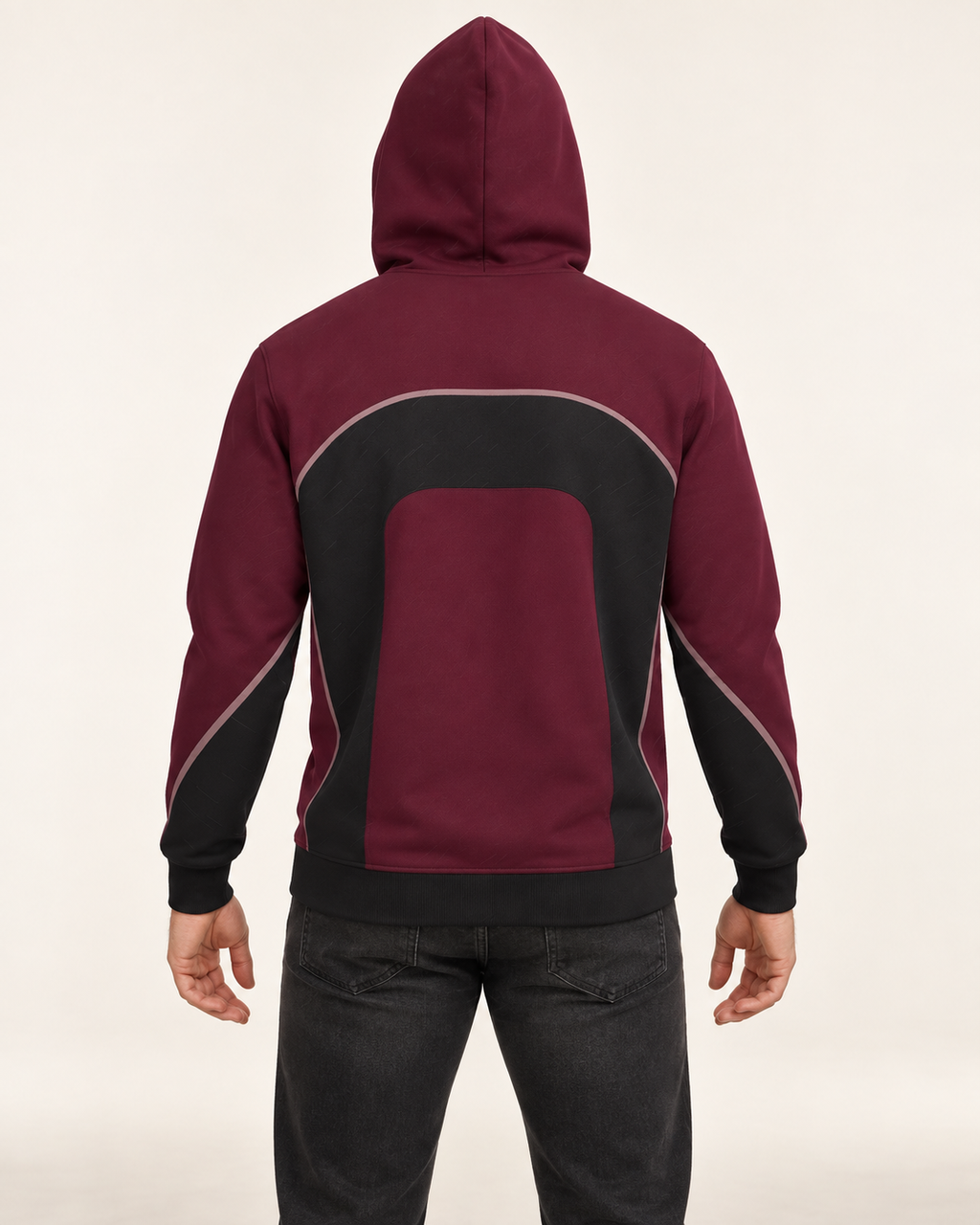 Bordeaux Ash Vault Nero Ponte Hoodie back view — AI-generated styling illustration