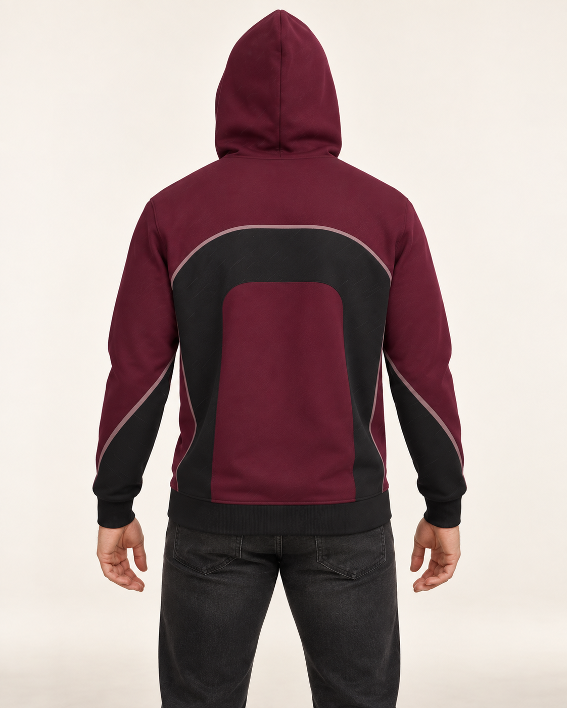 Bordeaux Ash Vault Nero Ponte Hoodie back view — AI-generated styling illustration