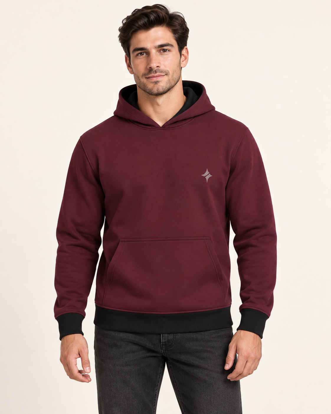Bordeaux Ash Vault Nero Ponte Hoodie front view — AI-generated styling illustration