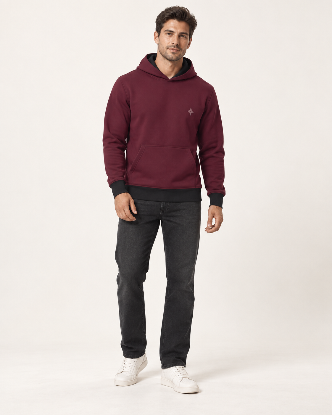 Bordeaux Ash Vault Nero Ponte Hoodie fullbody view — AI-generated styling illustration