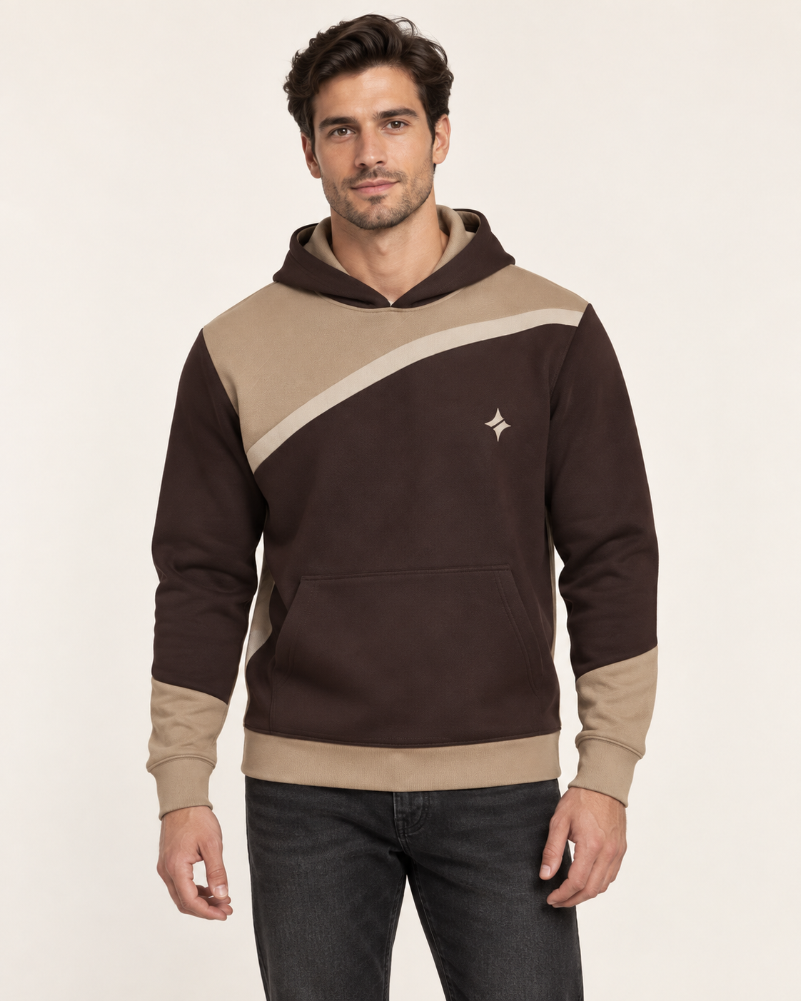 Espresso Sand Oblique Nero Ponte Hoodie front view — AI-generated styling illustration