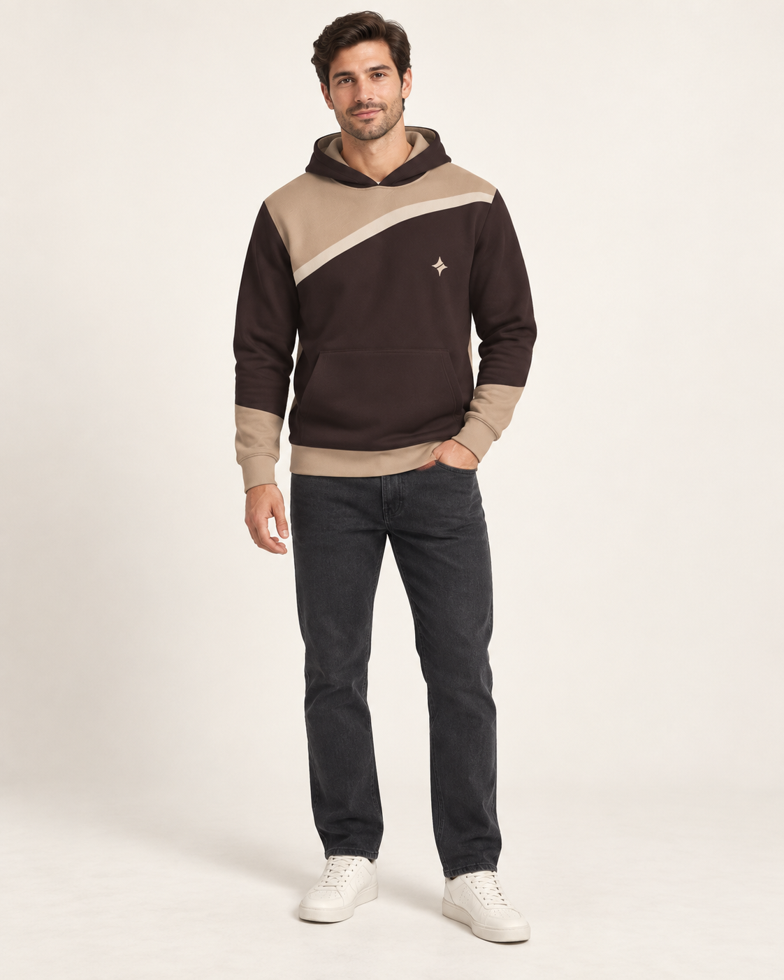 Espresso Sand Oblique Nero Ponte Hoodie fullbody view — AI-generated styling illustration
