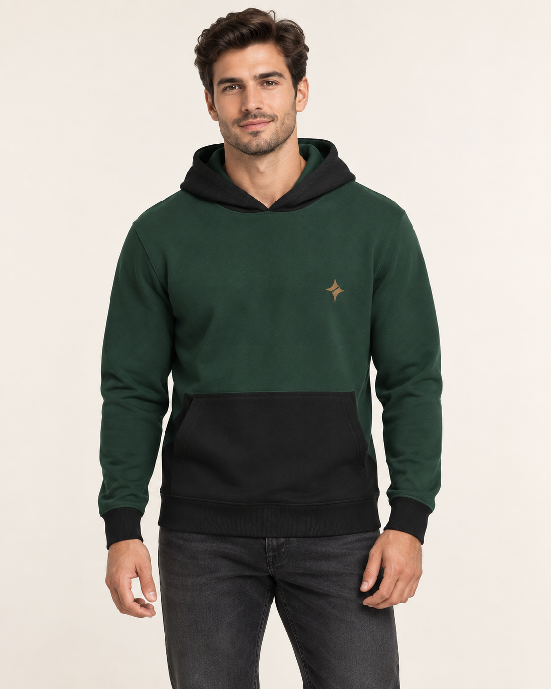 Forest Bronze Vault Nero Ponte Hoodie front view — AI-generated styling illustration