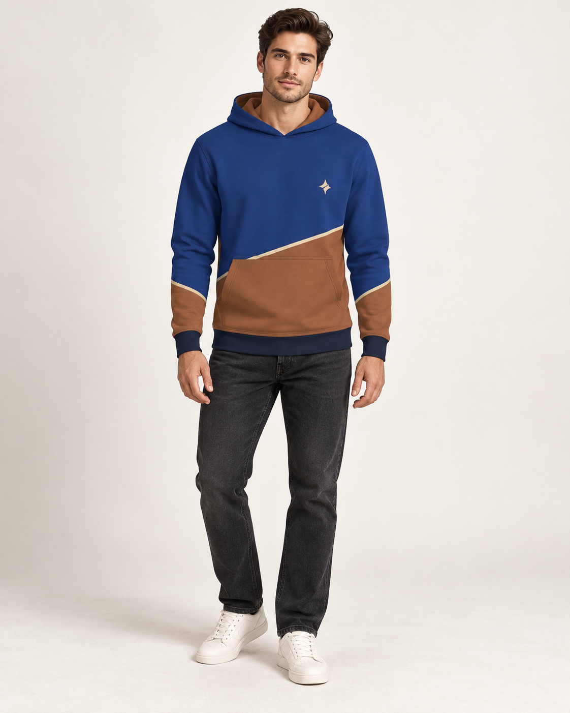 Cobalt Clay Arc Nero Ponte Hoodie fullbody view — AI-generated styling illustration