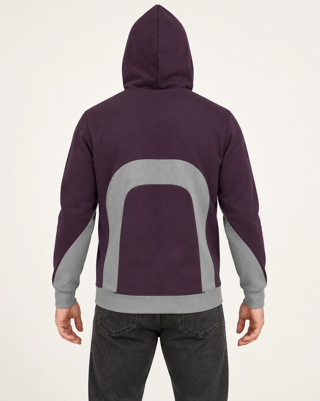 Aubergine Pewter Vault Nero Ponte Hoodie back view — AI-generated styling illustration