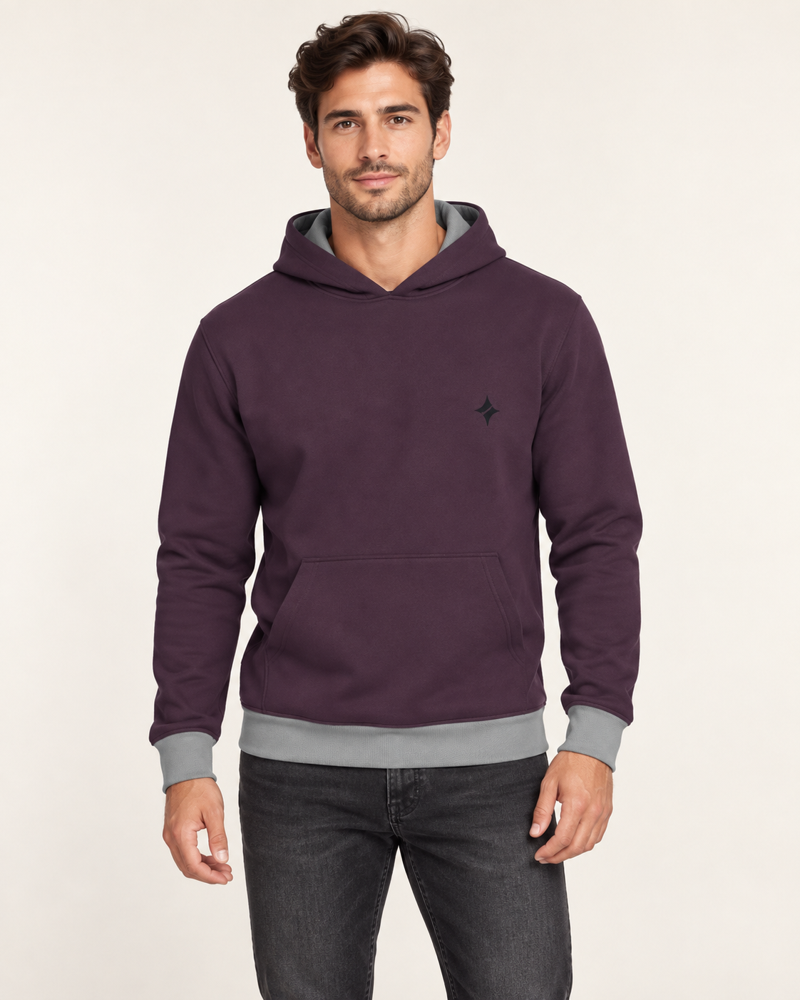 Aubergine Pewter Vault Nero Ponte Hoodie front view — AI-generated styling illustration