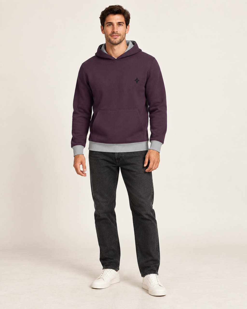 Aubergine Pewter Vault Nero Ponte Hoodie full-body styling view — AI-generated styling illustration