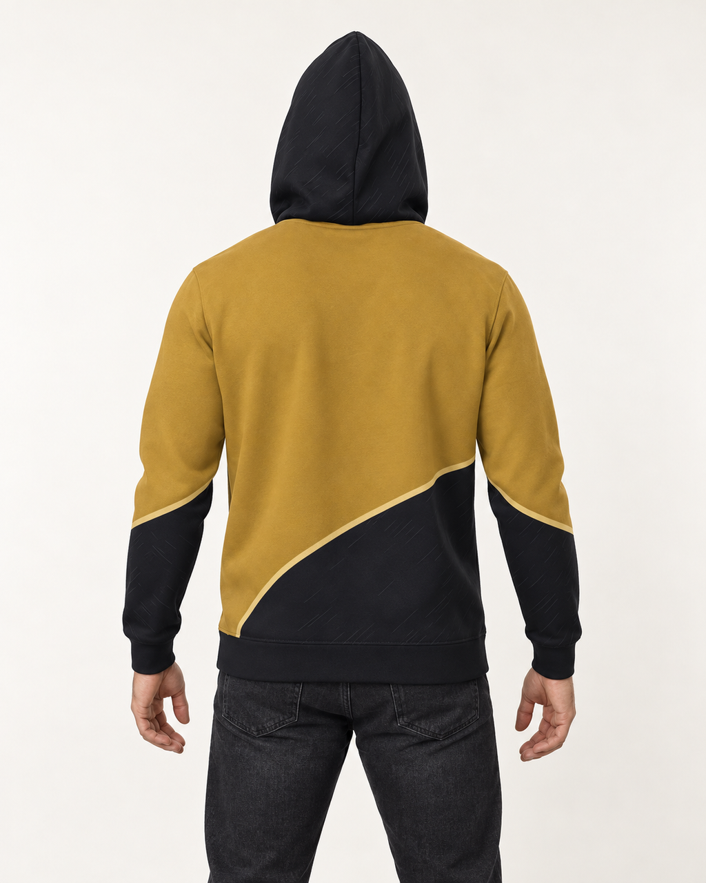 Saffron Charcoal Arc Nero Ponte Hoodie back view — AI-generated styling illustration